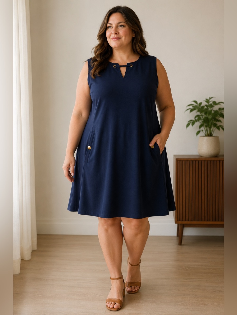 Chaps Navy Sleeveless Mini Dress with Gold Accents